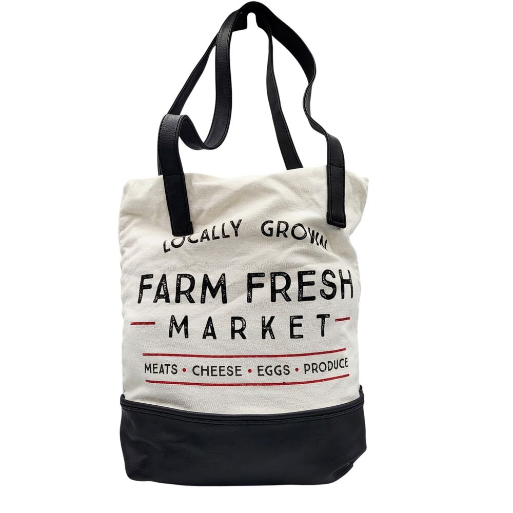 Locally Grow Farm Fresh Market Cotton Canvas Faux Leather Trim Lined Tote Bag